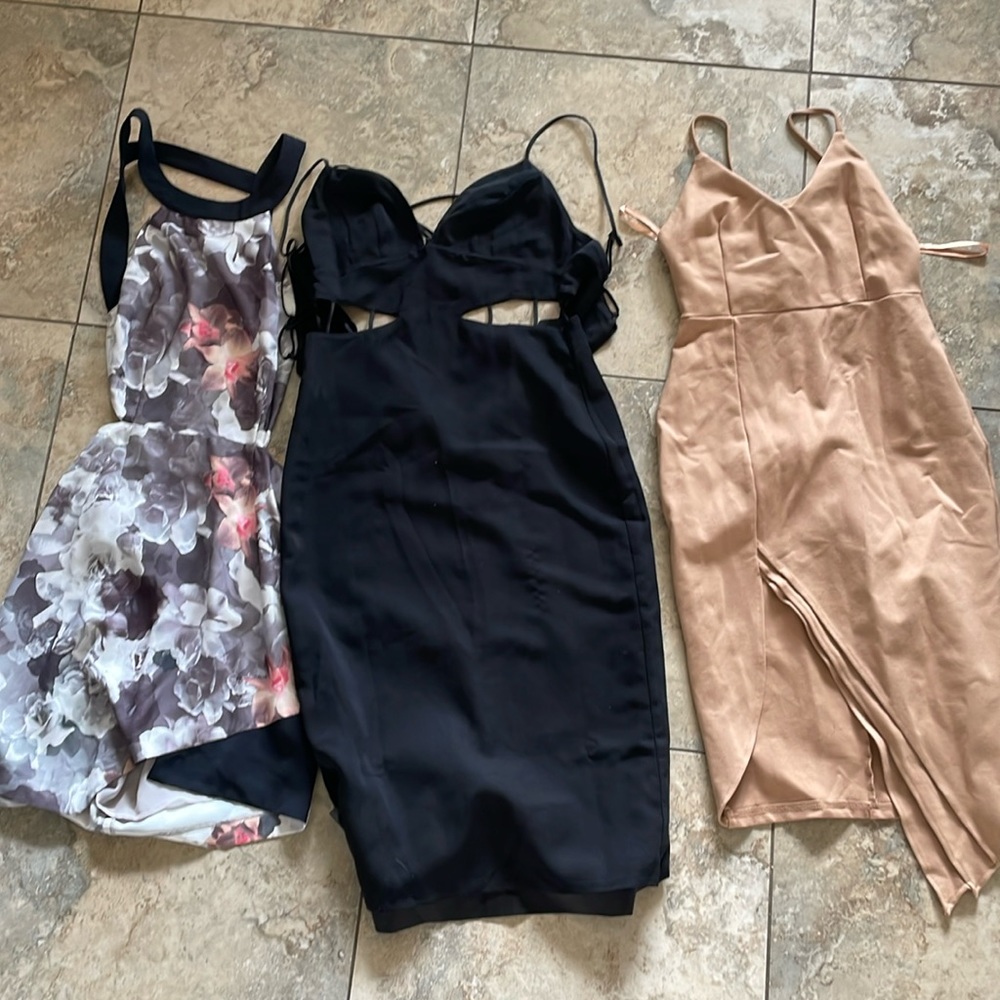 Assorted dresses. Backless, low cut, thigh-knee length